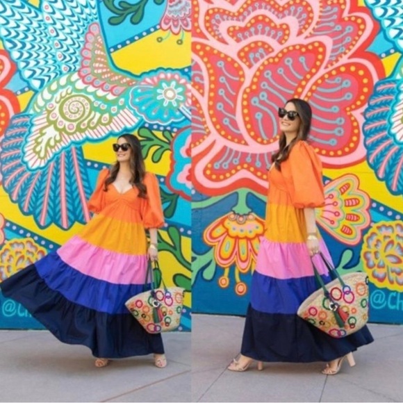 FARM Rio Multicolor Tiered Puff-Sleeve Maxi Dress — Orange, Yellow, Pink & Blue - Picture 3 of 12